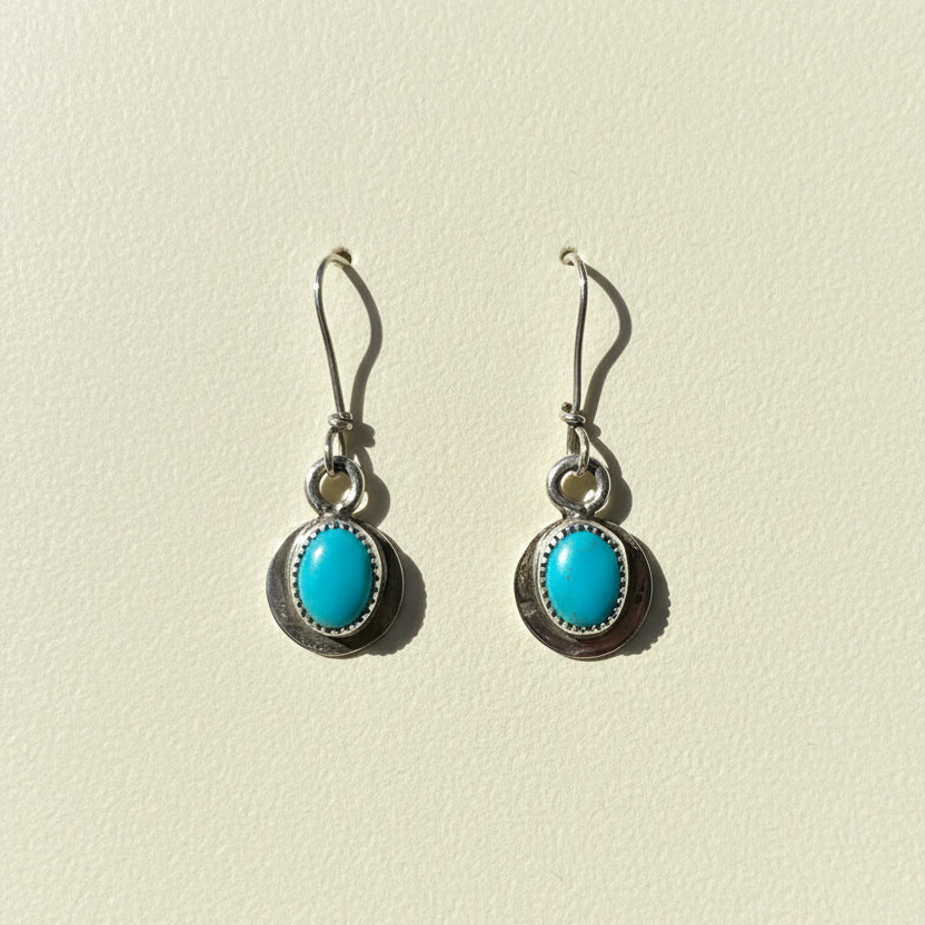 Turquoise oval earrings in round dark metal frames with dangling fishhook hooks