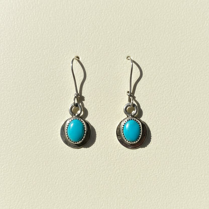 Turquoise oval earrings in round dark metal frames with dangling fishhook hooks