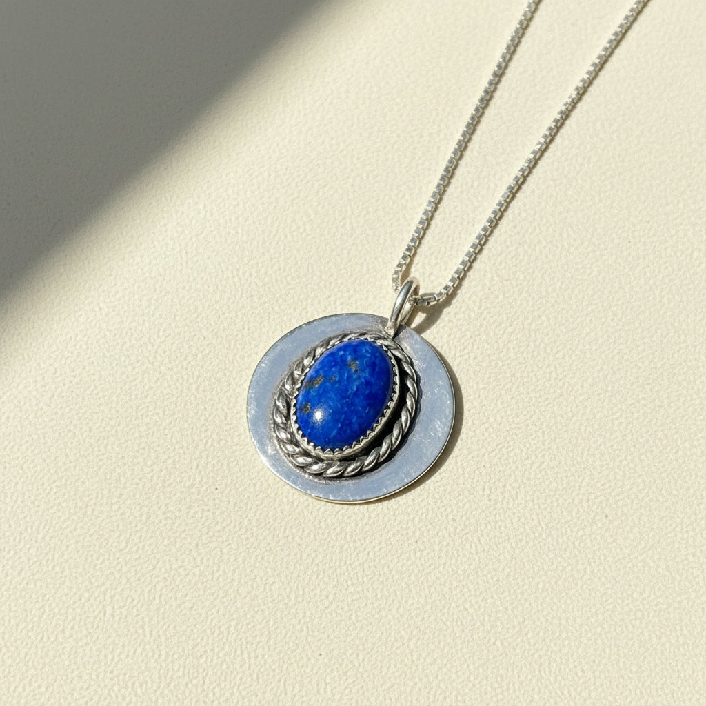 Silver-tone pendant necklace with oval blue lapis-like stone in braided ring