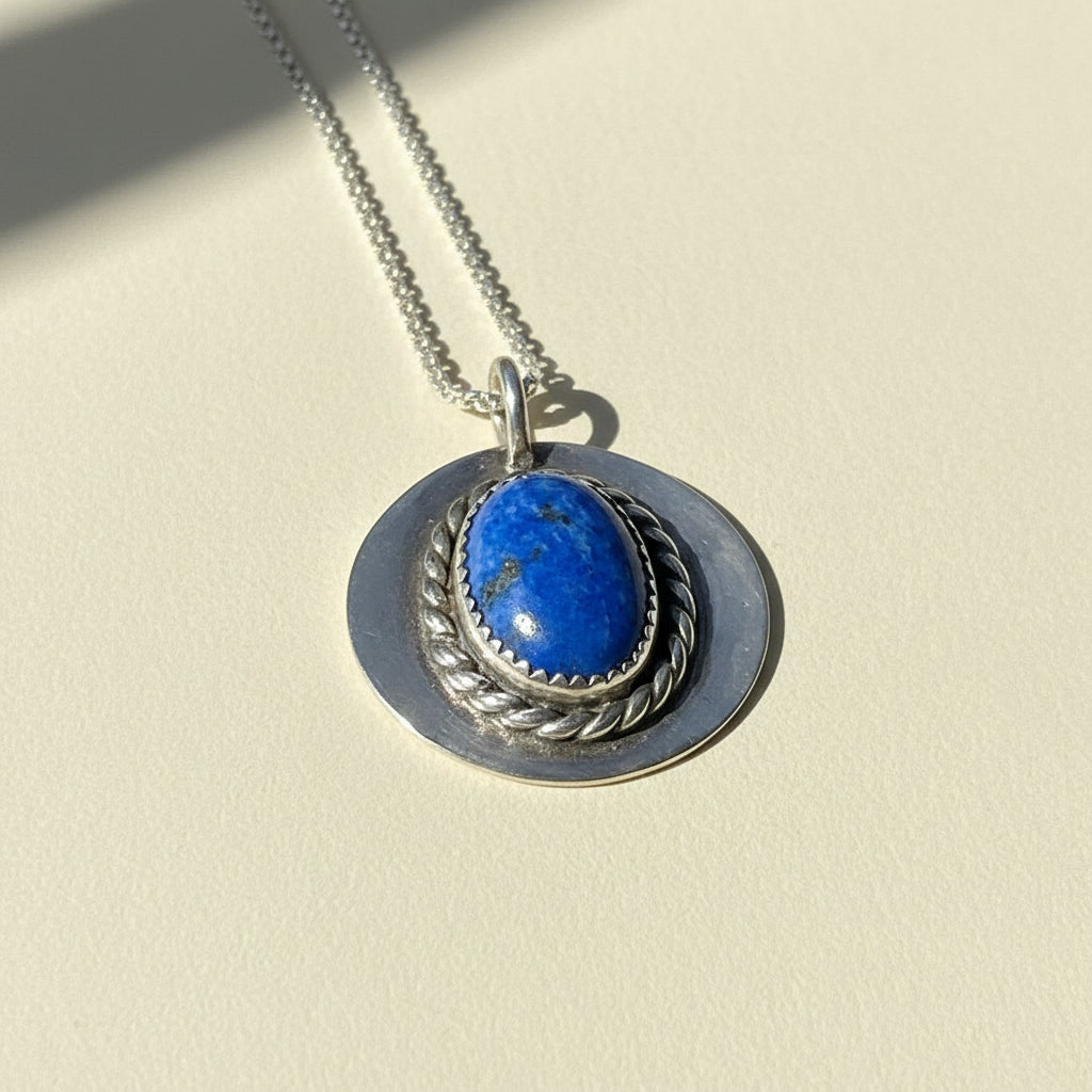 Silver-tone pendant necklace with blue oval gemstone set in braided rope bezel
