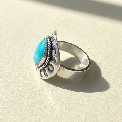 Turquoise oval cabochon silver-toned ring, side view showing open band and setting