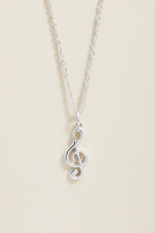 Silver treble clef pendant necklace with polished treble clef charm