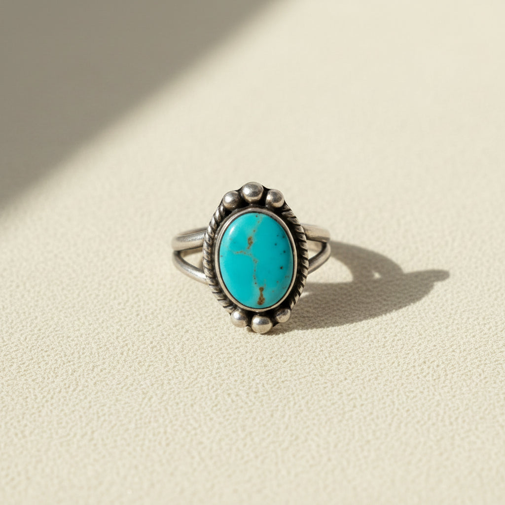 Turquoise oval cabochon ring with silver-tone bezel and bead accents