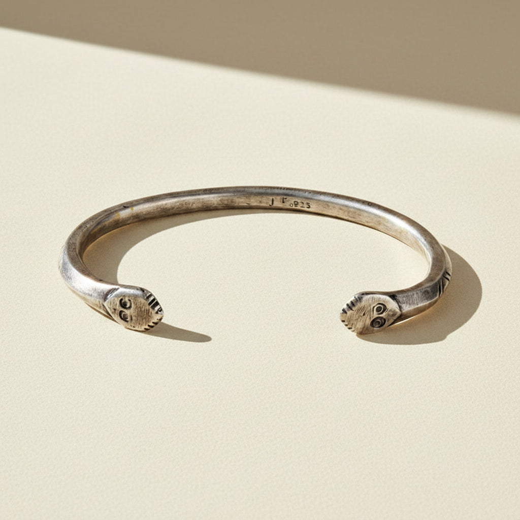 Snake-head cuff bracelet, silver-tone with engraved eyes on both ends