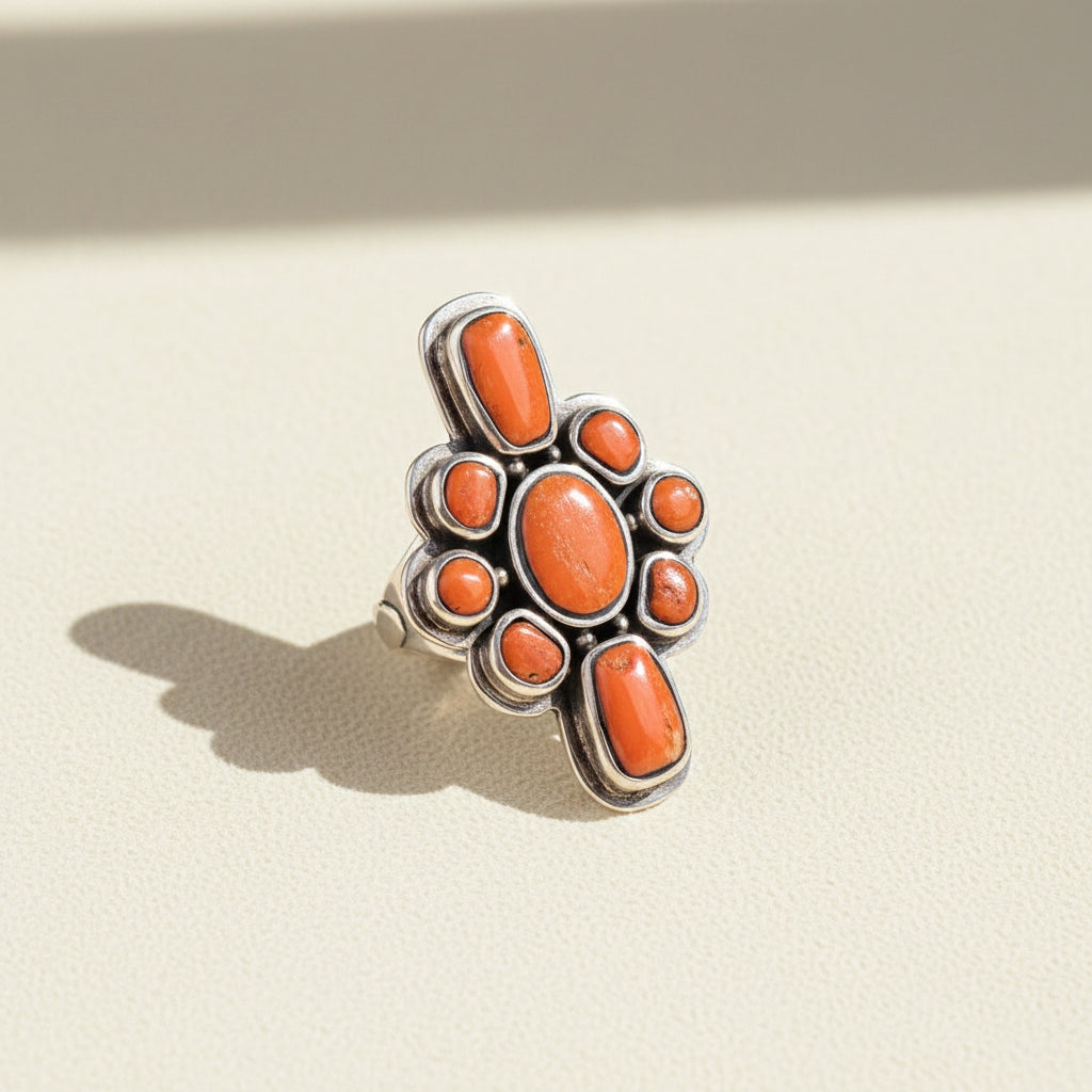 Orange oval and round gemstone cluster ring in silver-tone setting