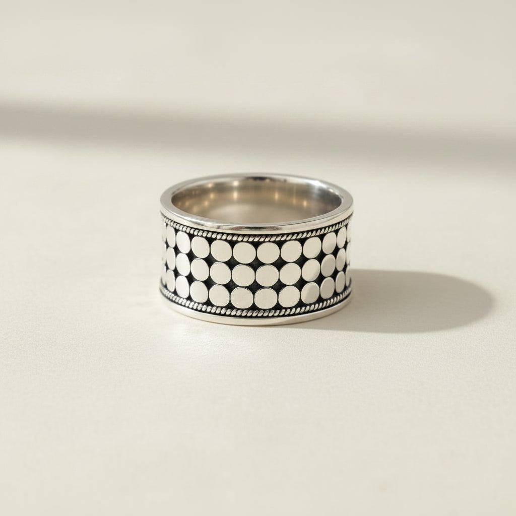 Silver-tone triple band ring with black circular dot beading