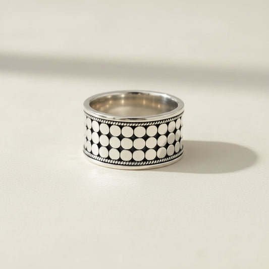 Silver-tone triple band ring with black circular dot beading