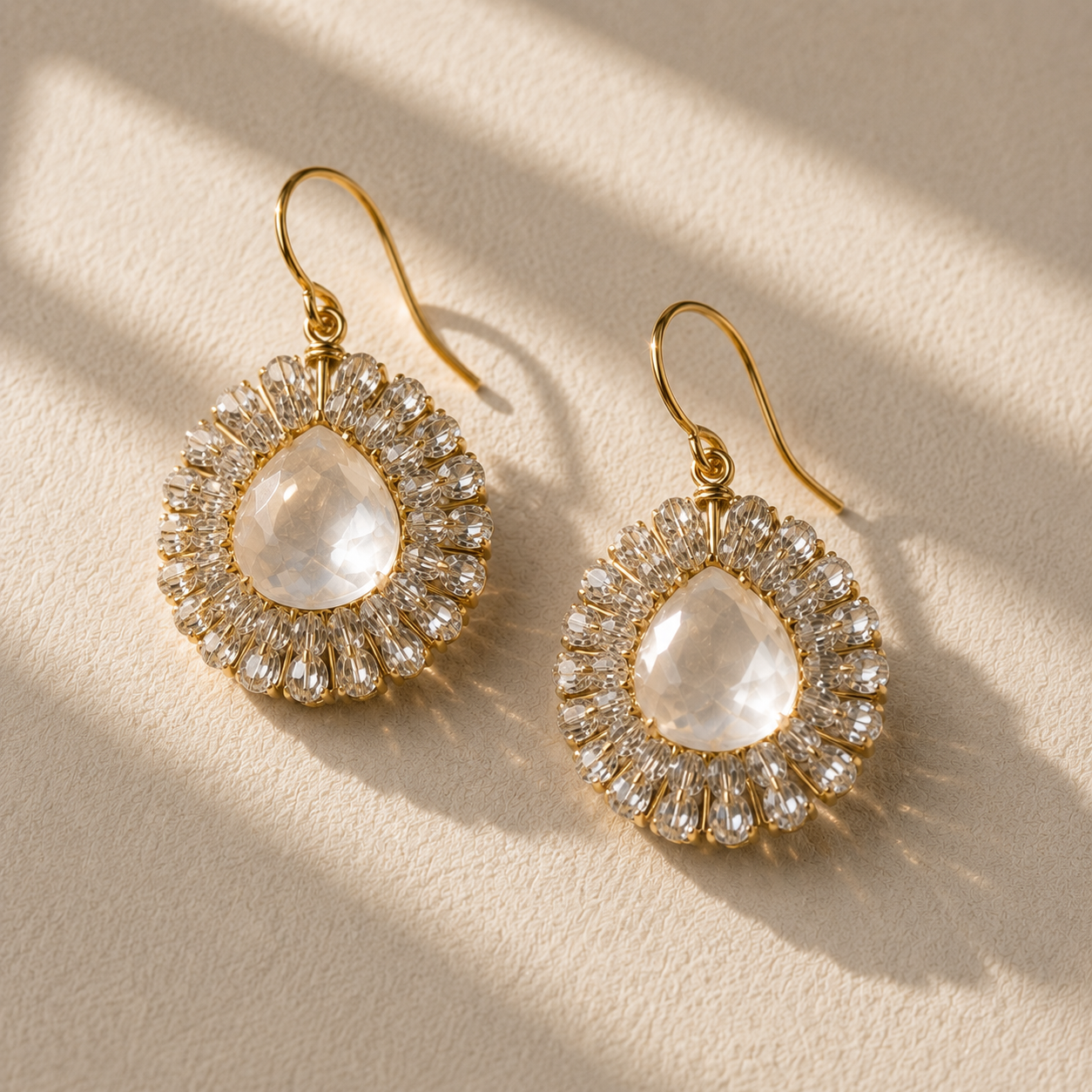 Gold starburst drop earrings with crystal fringe and a white teardrop center stone