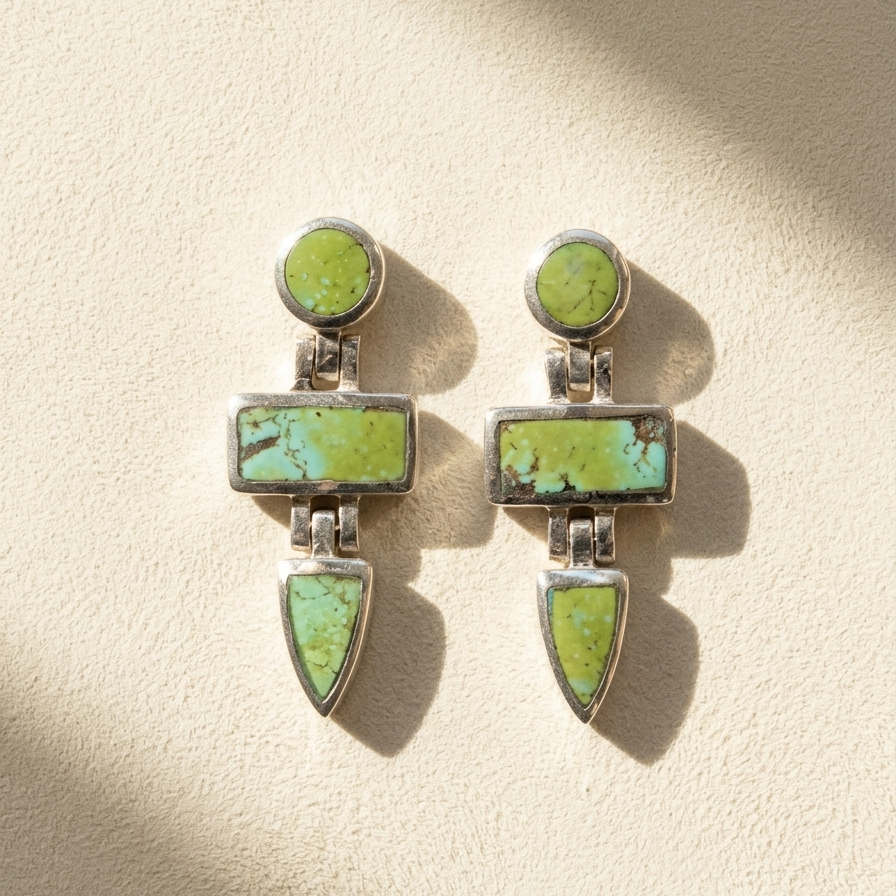 Green turquoise drop earrings with bezel-set round and geometric stone charms
