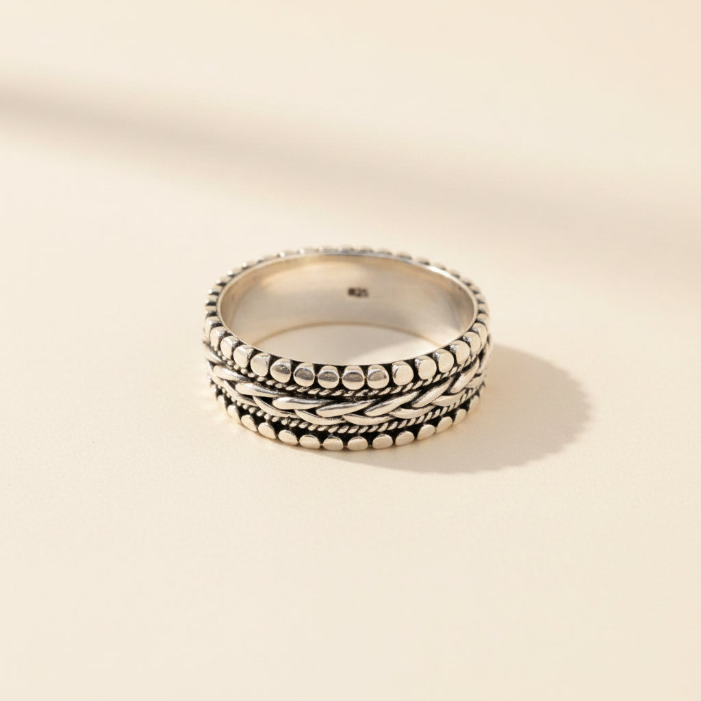 Silver-tone beaded braid band ring with braided rows and round bead edges
