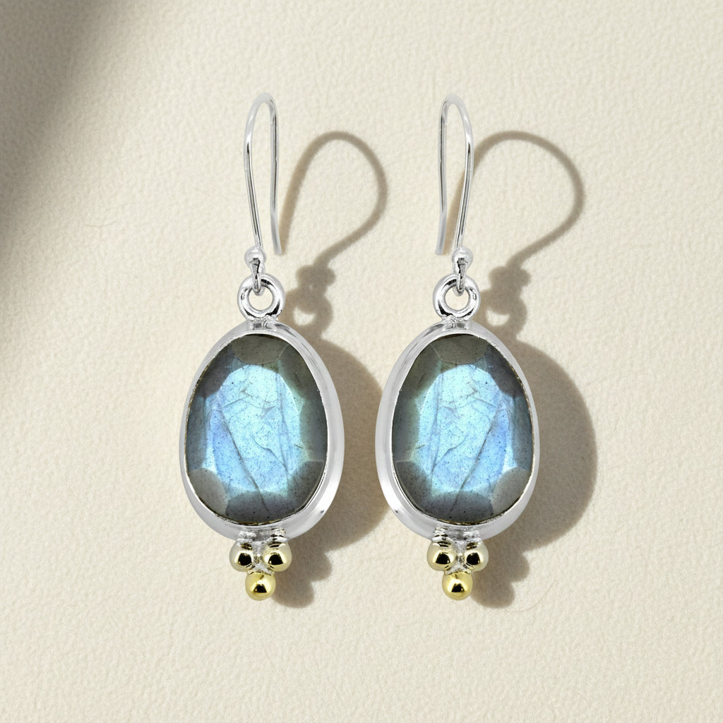 Labradorite gemstone drop earrings with silver oval setting and gold bead accents