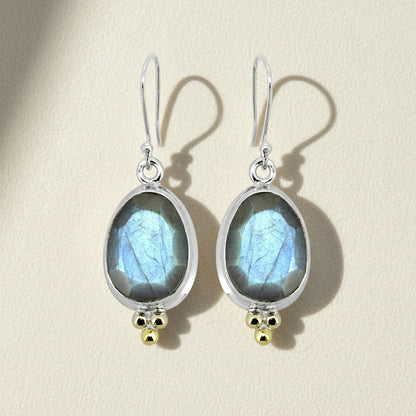 Labradorite gemstone drop earrings with silver oval setting and gold bead accents