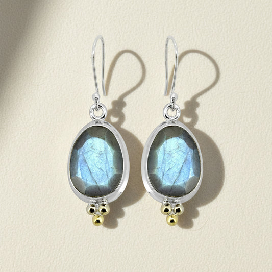 Labradorite gemstone drop earrings with silver oval setting and gold bead accents