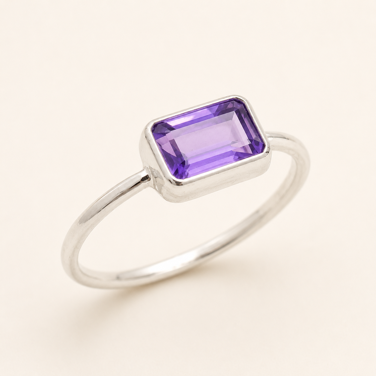 Rectangle amethyst gemstone ring, faceted rectangular stone in silver-tone bezel