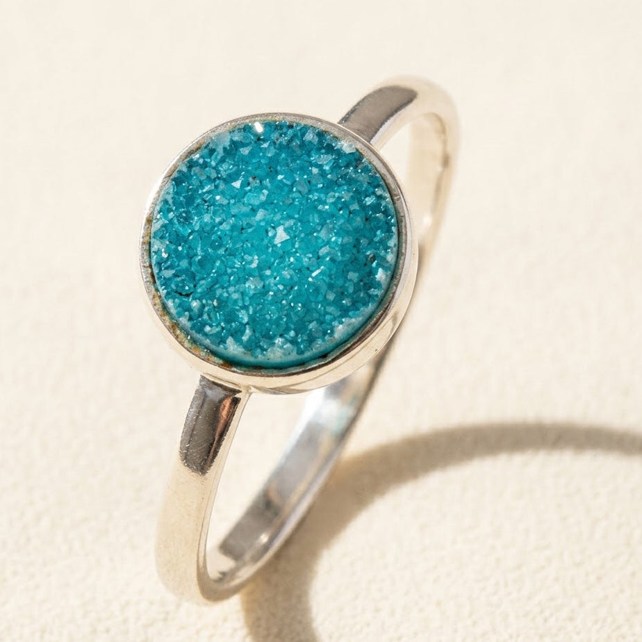 Round druzy ring in gold vermeil with aqua druzy stone