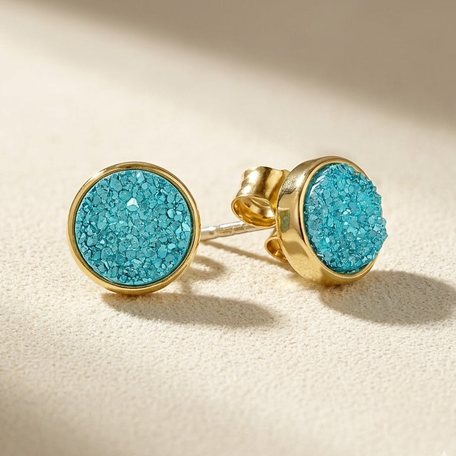 Round druzy stud earrings with aqua stone, gold-tone bezel, post-back closure