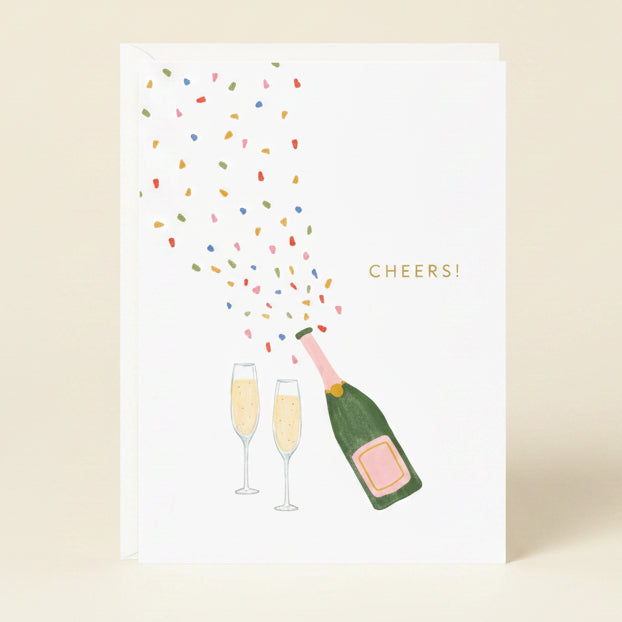 Greeting card with champagne bottle and glasses on a white background