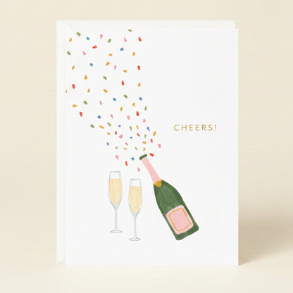 Greeting card with champagne bottle and glasses on a white background