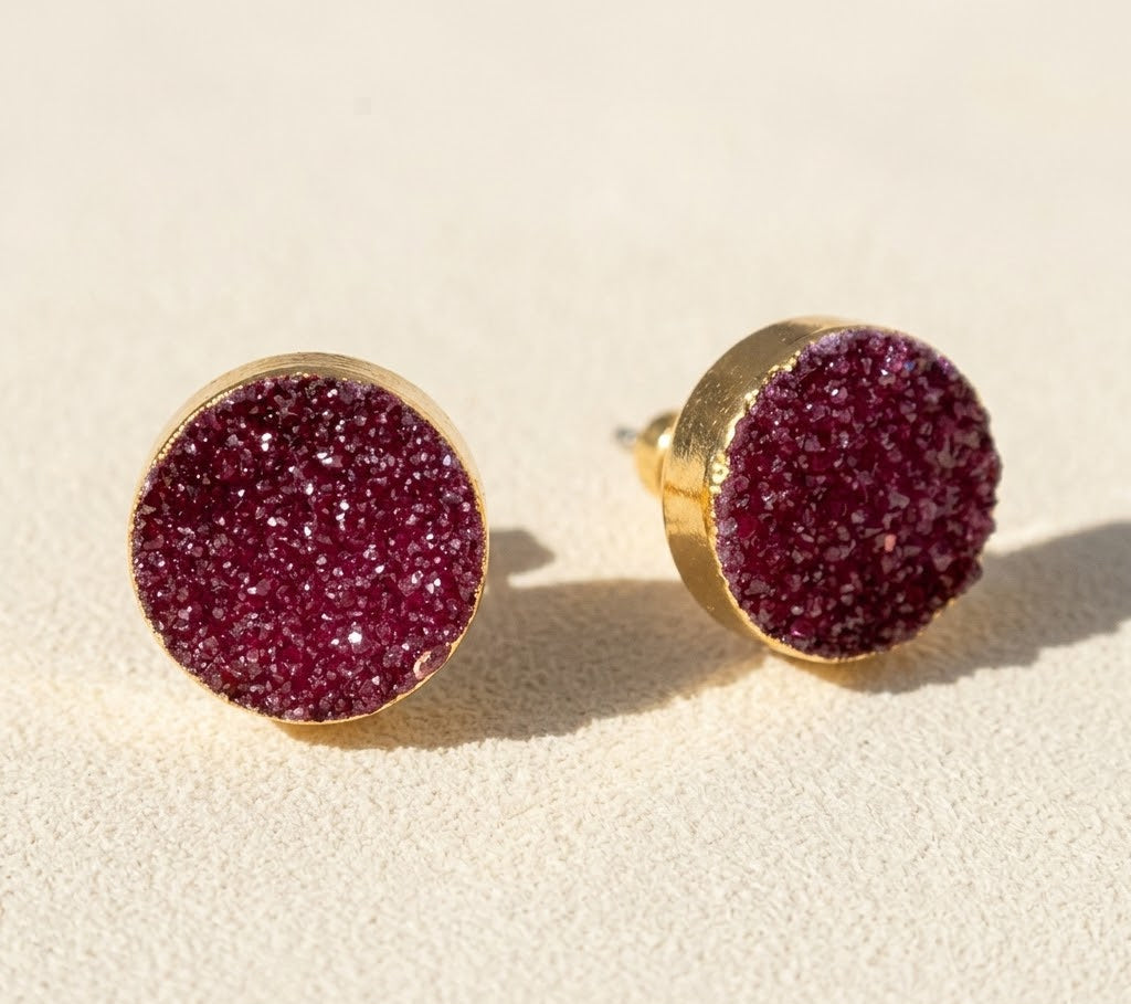 Large round druzy stud earrings with purple sparkle, gold-tone posts