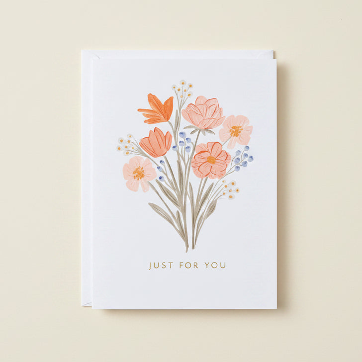 Bouquet mini card with orange and peach flowers and "Just For You" text
