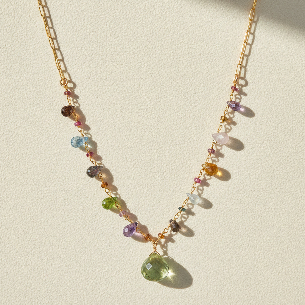 Gold-toned paperclip necklace with multicolor gemstone beads and green teardrop pendant