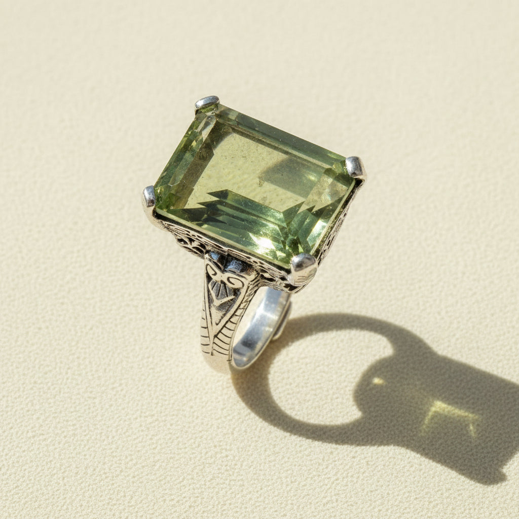 Green amethyst statement ring with square-cut stone and silver filigree setting