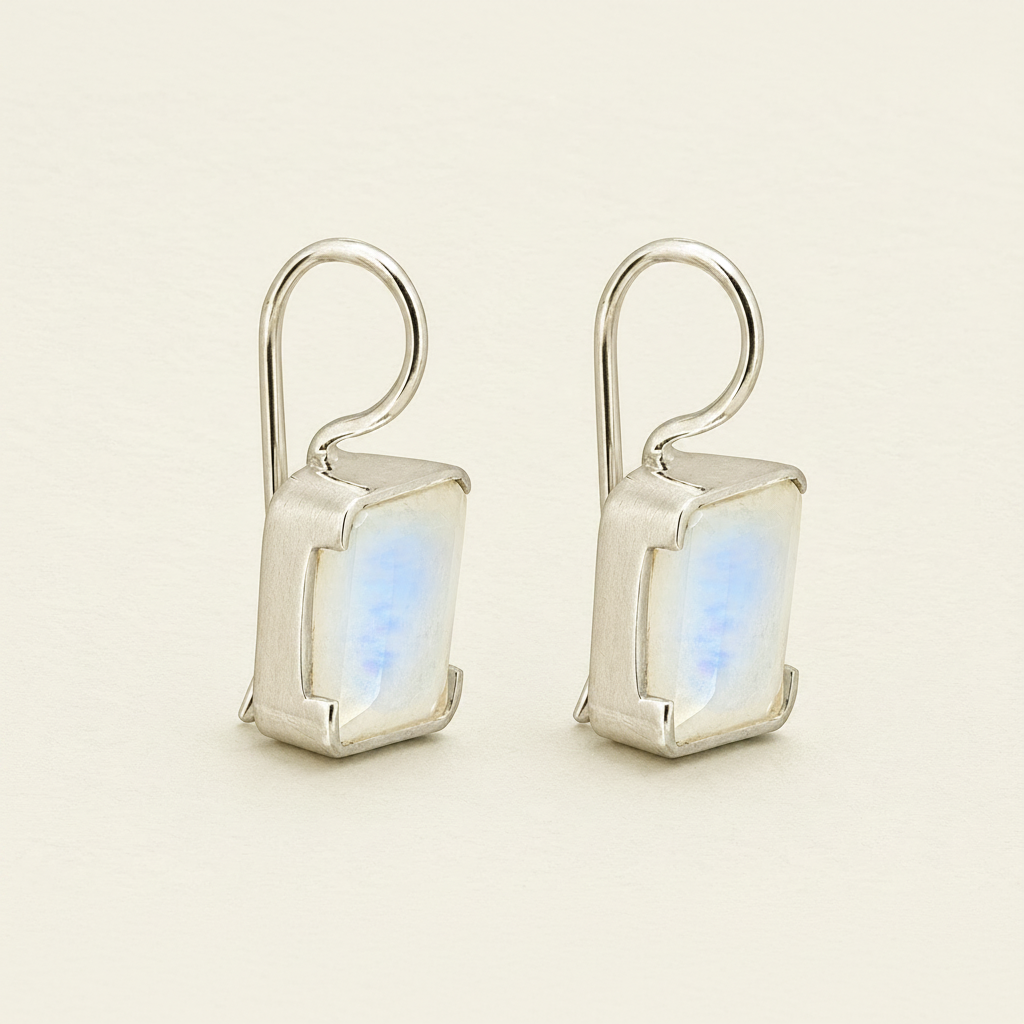 Rectangle moonstone drop earrings, silver-tone with side view of iridescent square stone