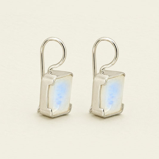 Rectangle moonstone drop earrings, silver-tone with side view of iridescent square stone