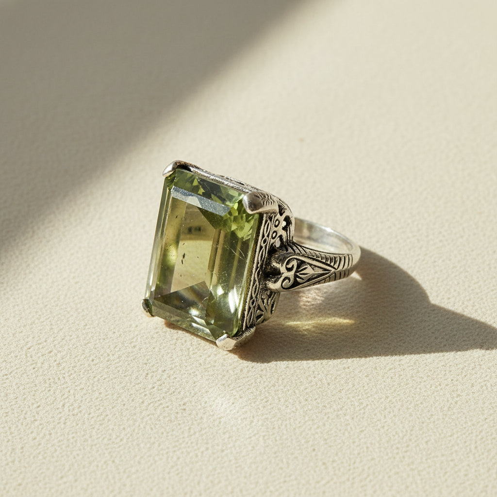 Green amethyst statement ring, ornate silver band with square-cut gemstone