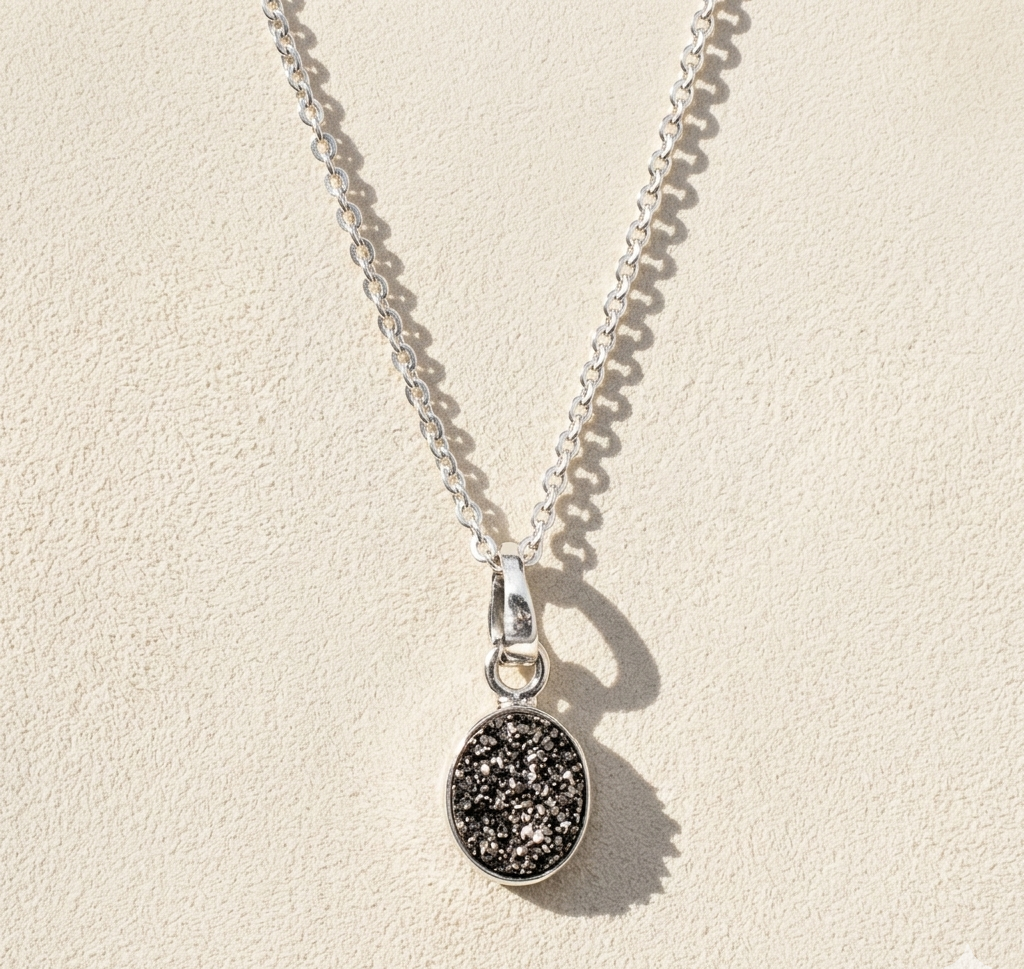 Oval druzy pendant necklace with oval black druzy cabochon and loop bail