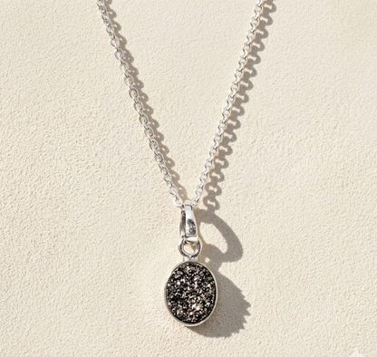 Oval druzy pendant necklace with oval black druzy cabochon and loop bail