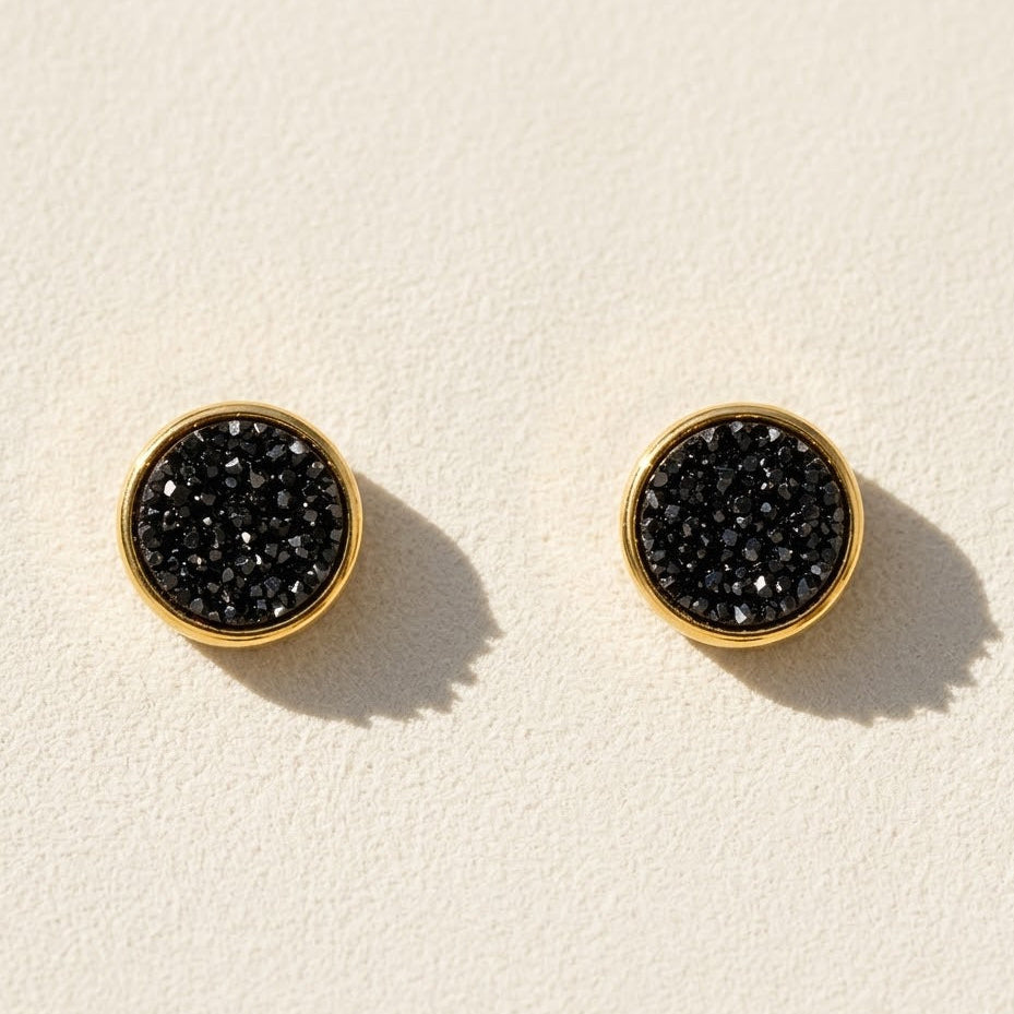 Round druzy stud earrings with black stone, gold-tone bezel, post-back closure