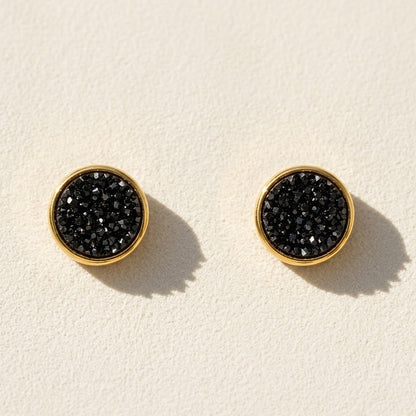 Round druzy stud earrings with black stone, gold-tone bezel, post-back closure