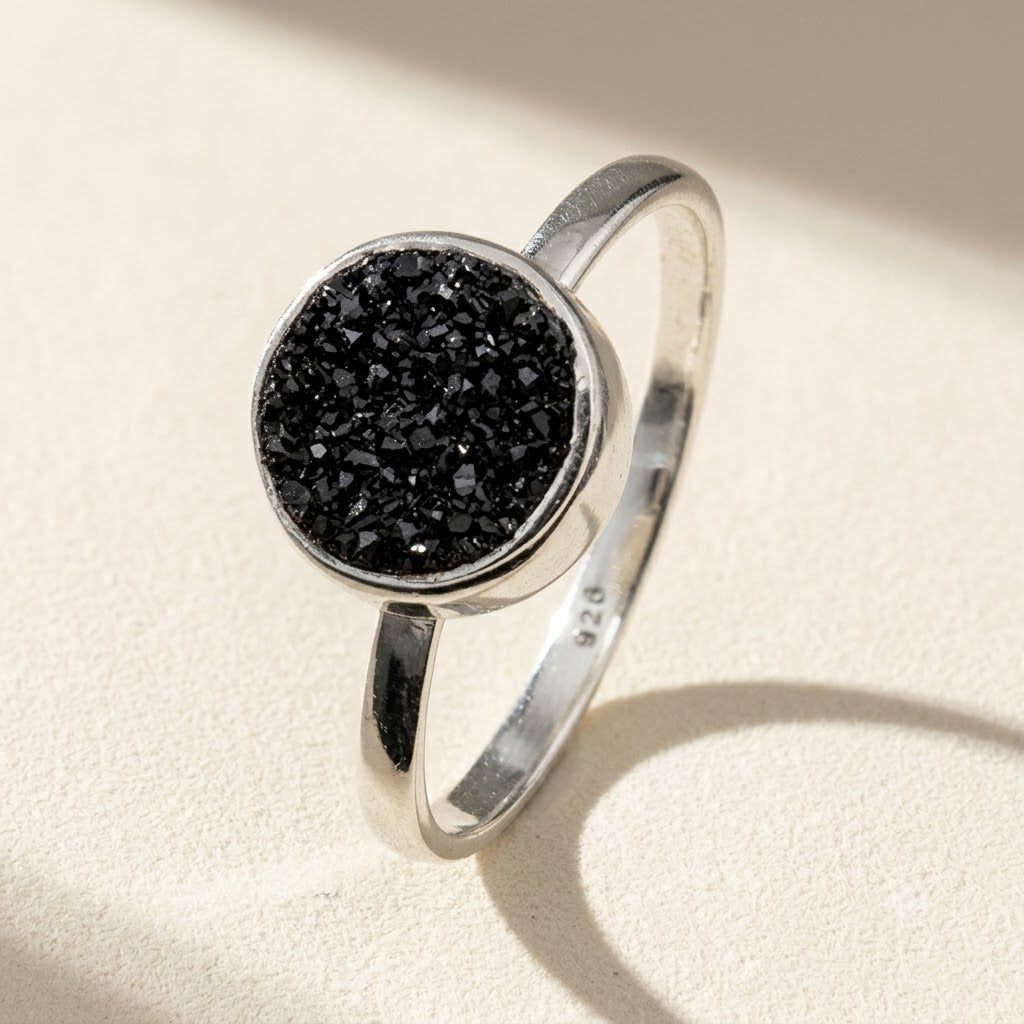 Round druzy ring in sterling silver with black druzy stone