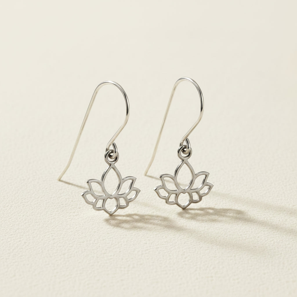 Silver lotus flower dangle earrings, dangling petal charm with hoop hook