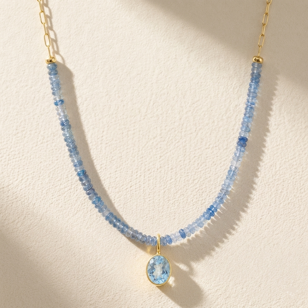 Gold-toned beaded paperclip necklace with light blue stones and round blue pendant