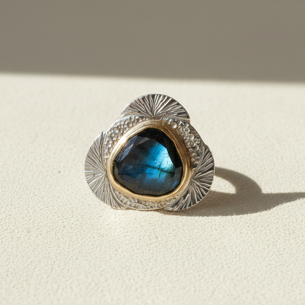 Blue labradorite statement ring with mixed metal frame and textured side medallions