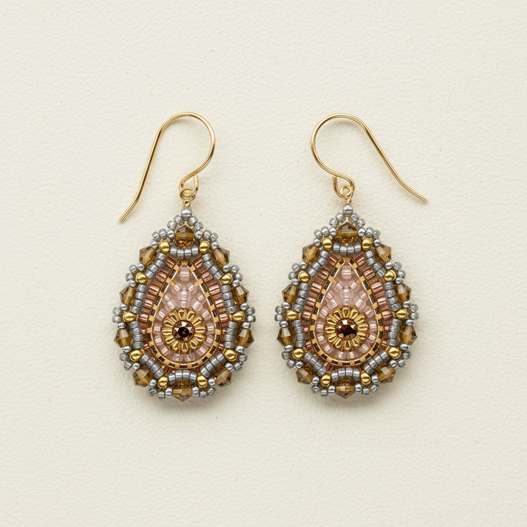 Gold hook teardrop earrings with blush, gold, and crystal beaded fringe
