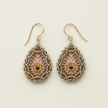 Gold hook teardrop earrings with blush, gold, and crystal beaded fringe