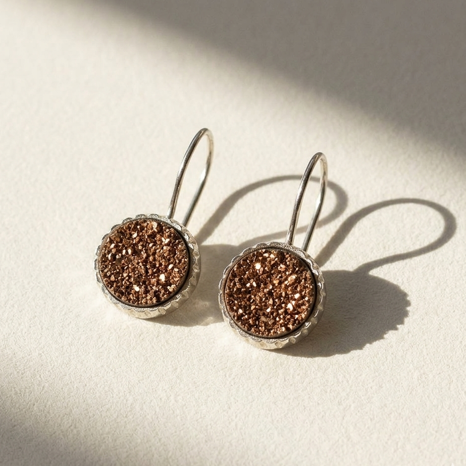 Copper druzy round dangle earrings with bronze-tone round settings and hoop hooks