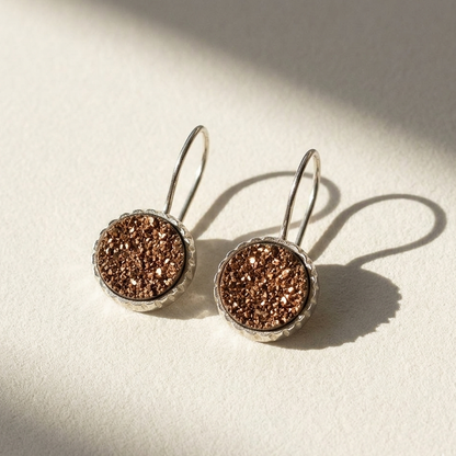 Copper druzy round dangle earrings with bronze-tone round settings and hoop hooks