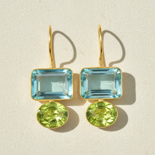 Gold drop earrings with square aqua and round lime green gemstones