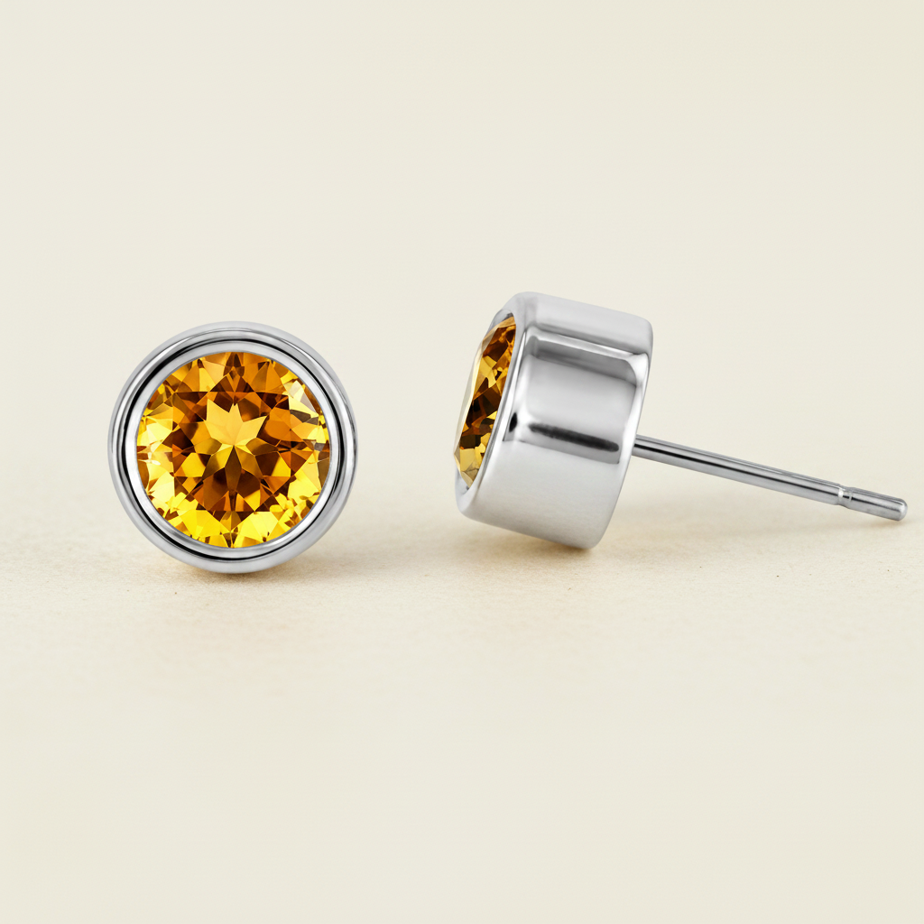 Large round citrine gemstone stud earrings with silver bezel, flat back post.