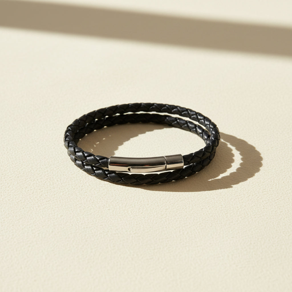 Black braided leather bracelet with metal clasp