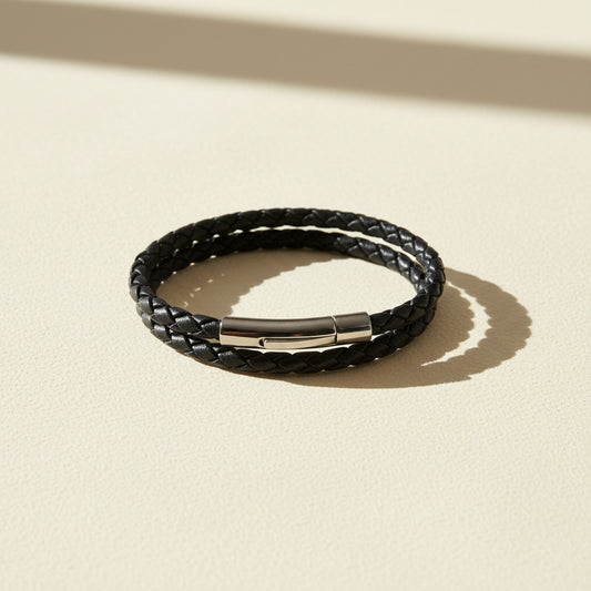 Black braided leather bracelet with metal clasp