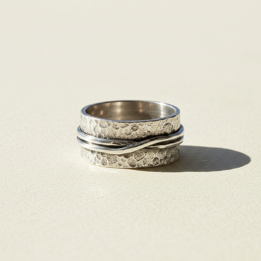Hammered wide band ring, brushed silver tone with smooth edge detail