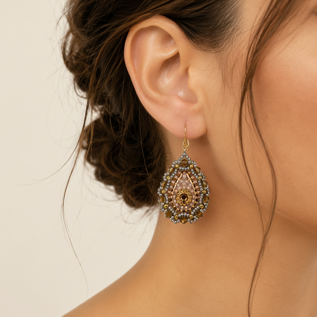 Beaded teardrop earring with gold hook, blush center, and sparkling crystals