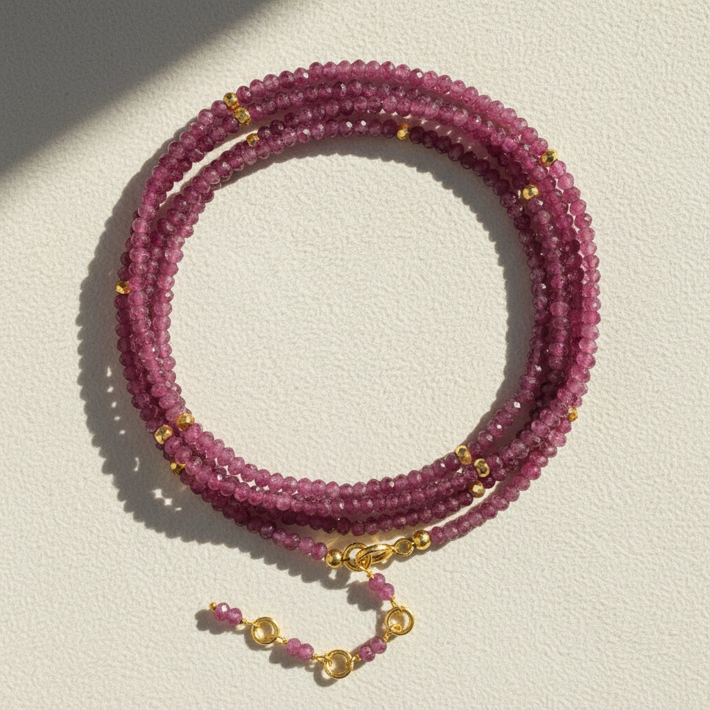 Pink tourmaline beaded wrap bracelet necklace with gold clasp