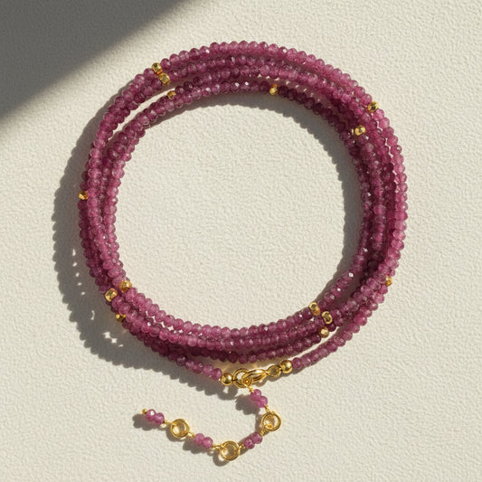 Pink tourmaline beaded wrap bracelet necklace with gold clasp