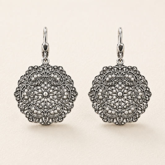 Silver filigree drop earrings with round pearl accents and ornate floral detailing